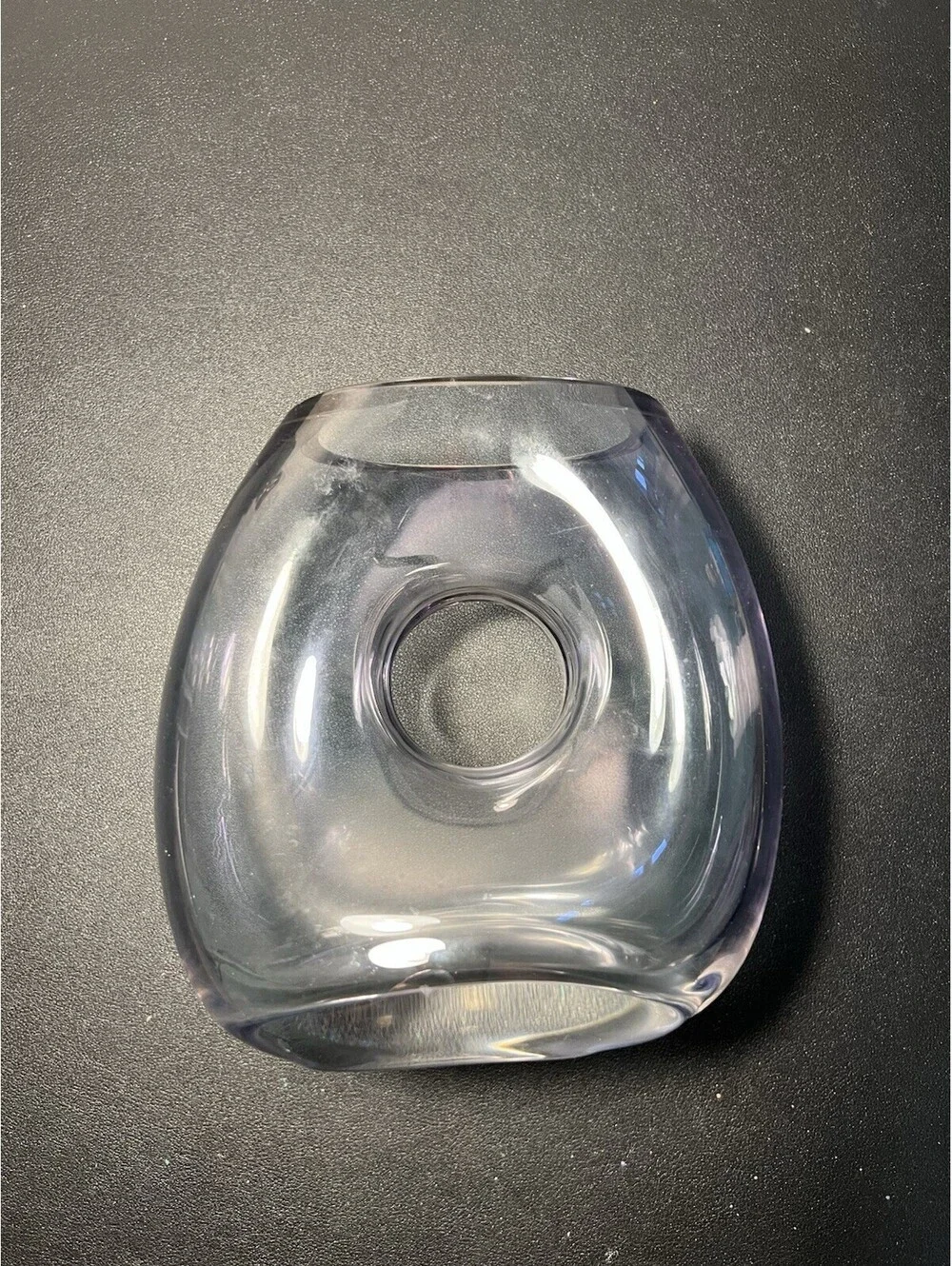 Pasabahce Turkey 2000s Doughnut O Vase Handblown Art Glass Clear, 4.5x7”